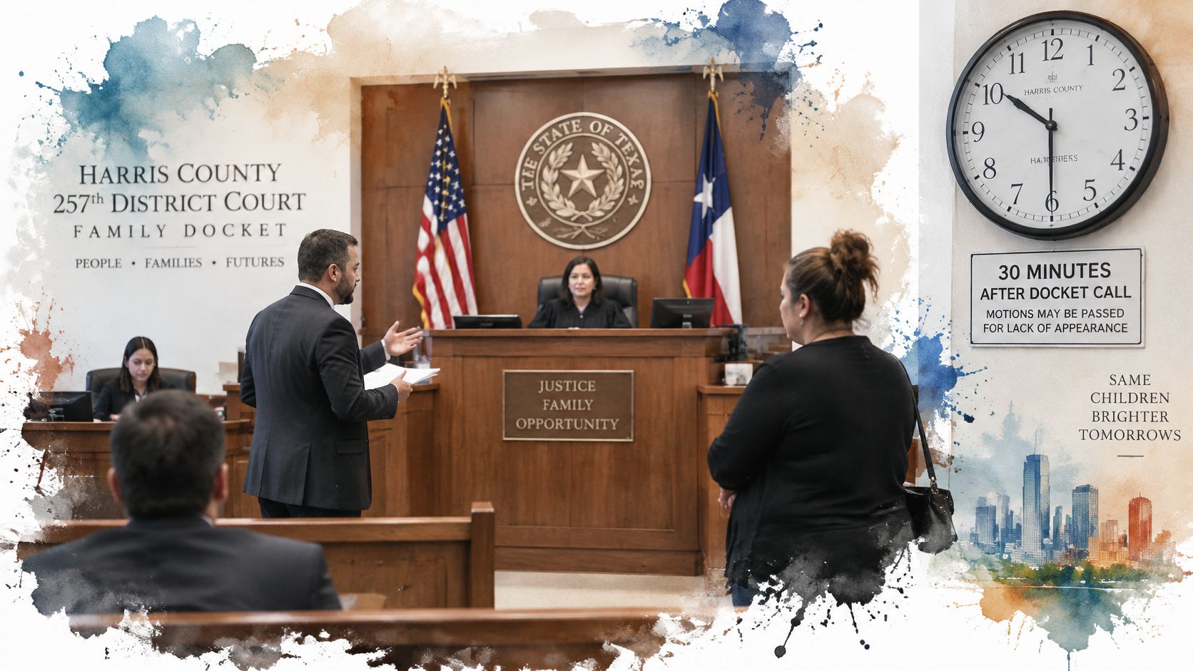 A professional view inside the Harris County 257th District Court during a family docket court proceeding.