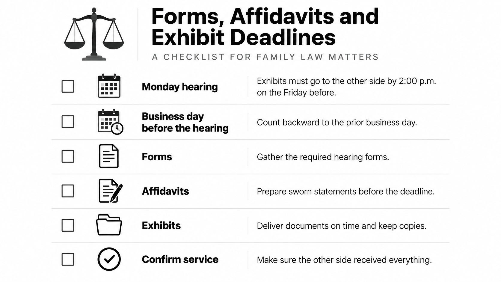 A checklist infographic outlining legal deadlines for family law hearing forms, affidavits, and exhibits.