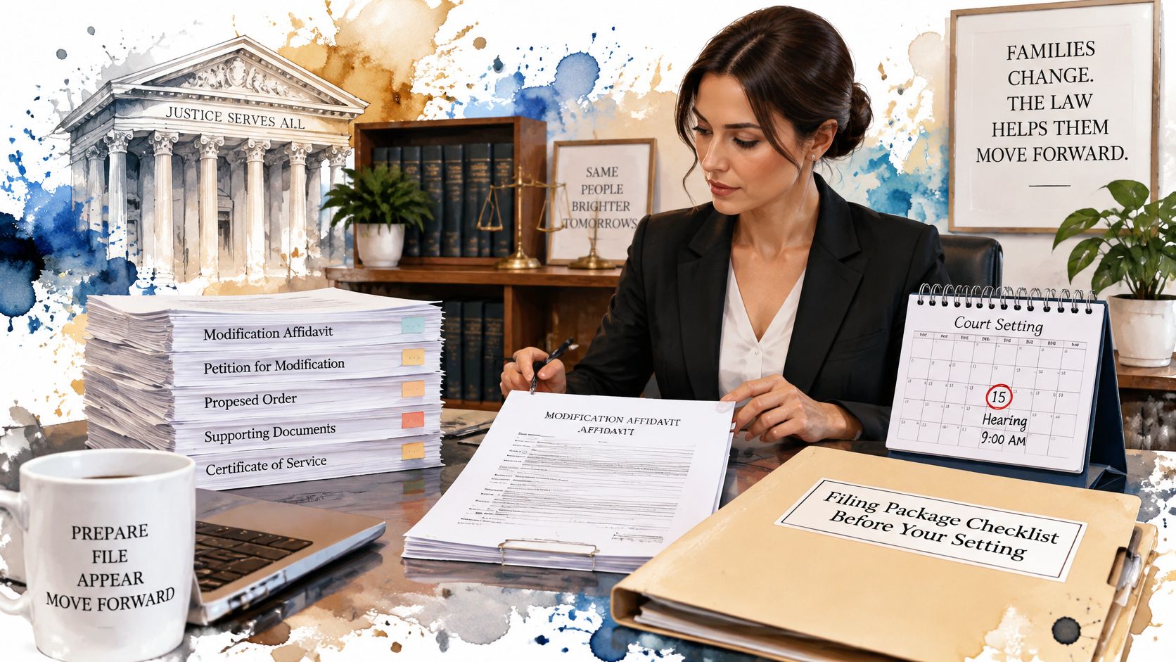 A professional woman in a law office reviewing a modification affidavit with court documents and calendar.
