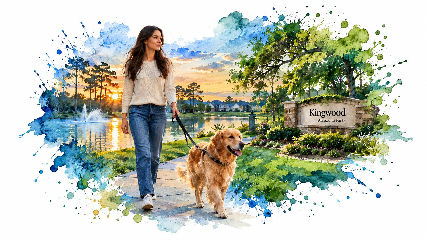 A woman walks her golden retriever near a scenic Kingwood Atascocita Parks stone entrance sign at sunset.