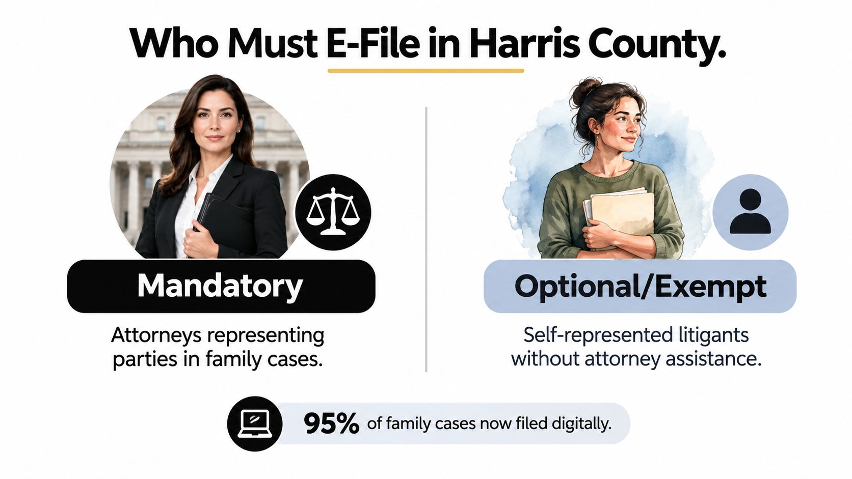 An infographic showing that e-filing is mandatory for attorneys in Harris County but optional for self-represented litigants.
