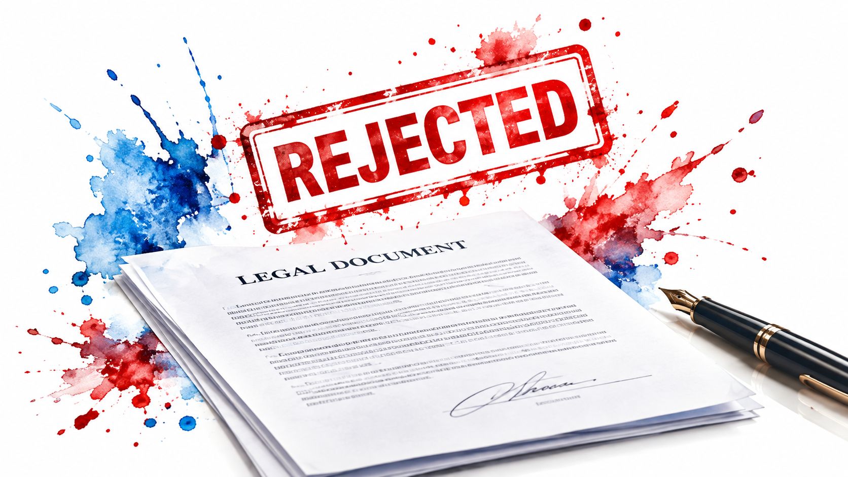 A pile of legal documents with a red rejected stamp and a fountain pen on white background.