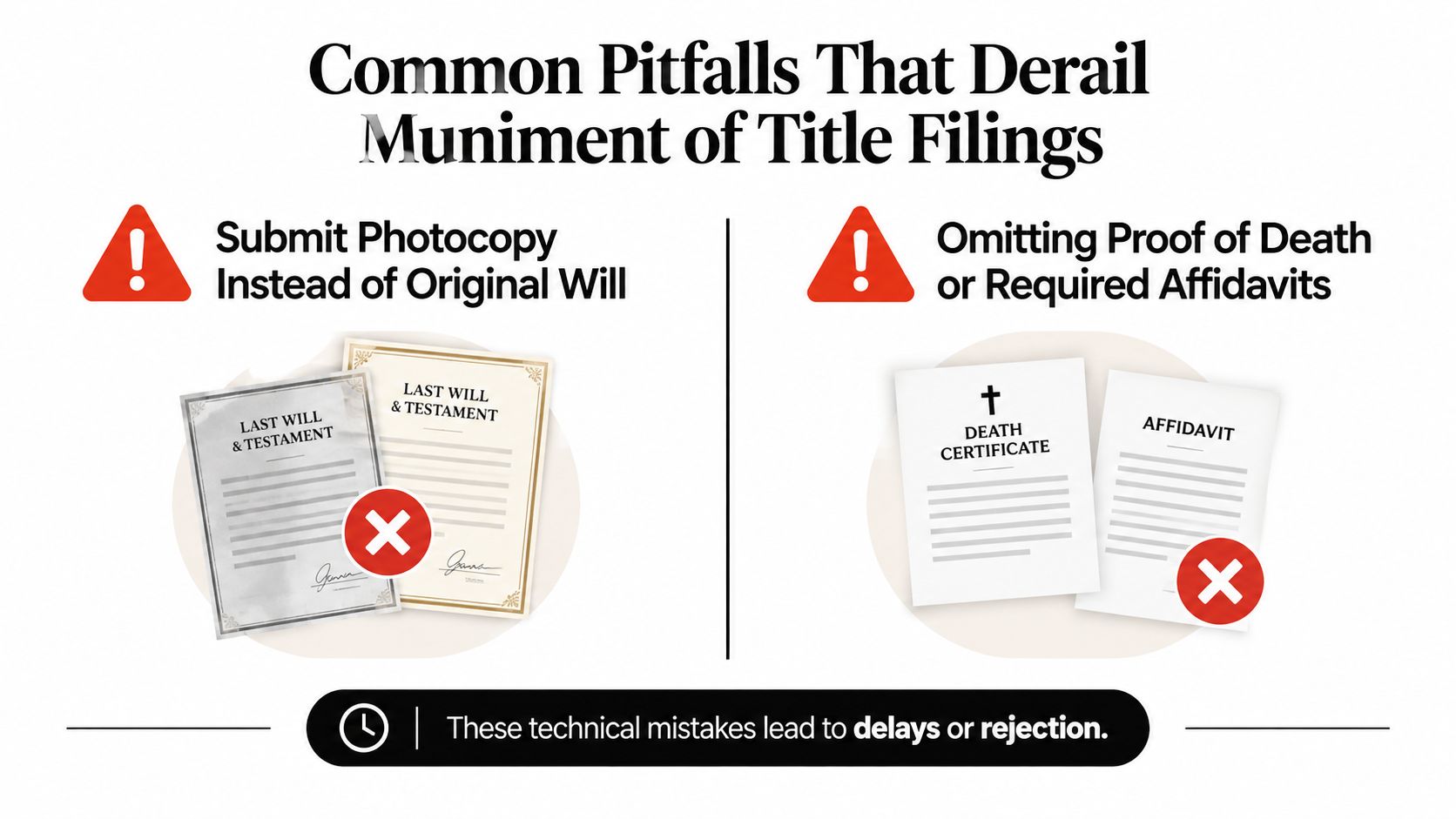 An infographic showing common mistakes when filing a Muniment of Title including using photocopies or missing documents.