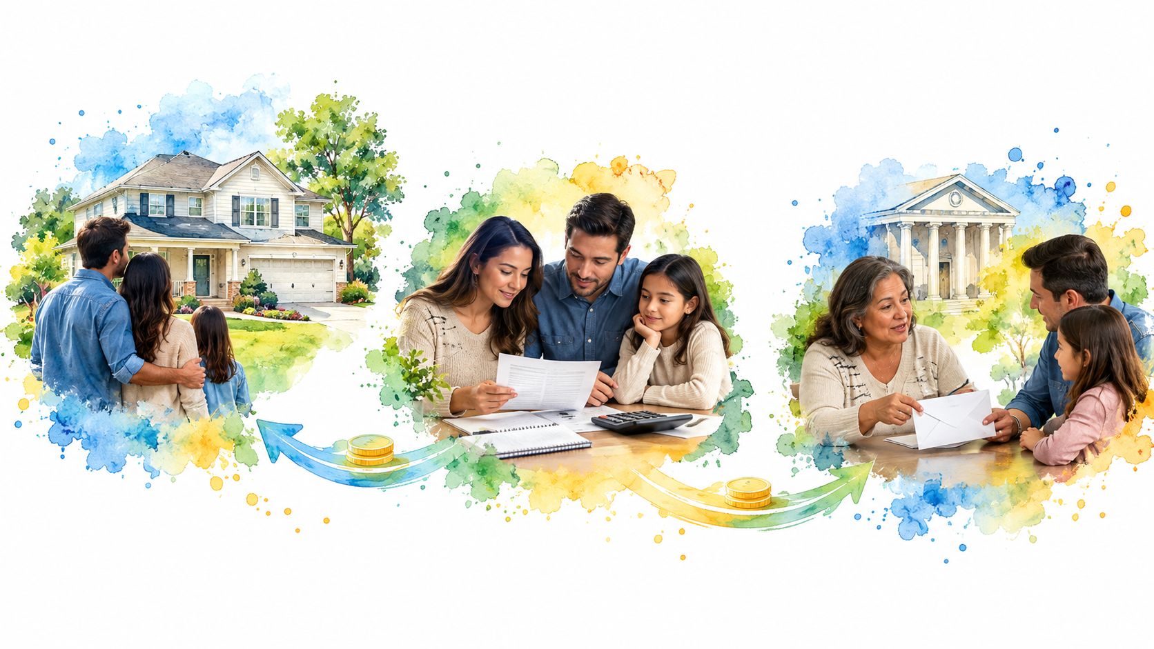 A family planning their finances, from house ownership to estate planning and guardianship with professional advisors.