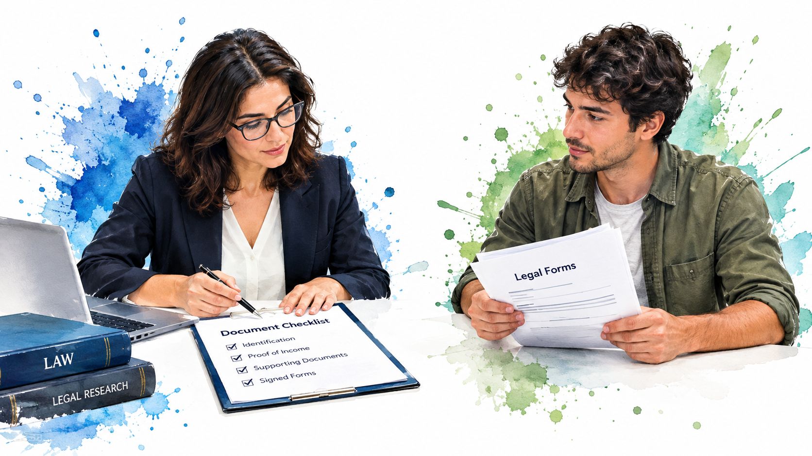 A professional lawyer consults with a client while reviewing legal forms and a document checklist together.