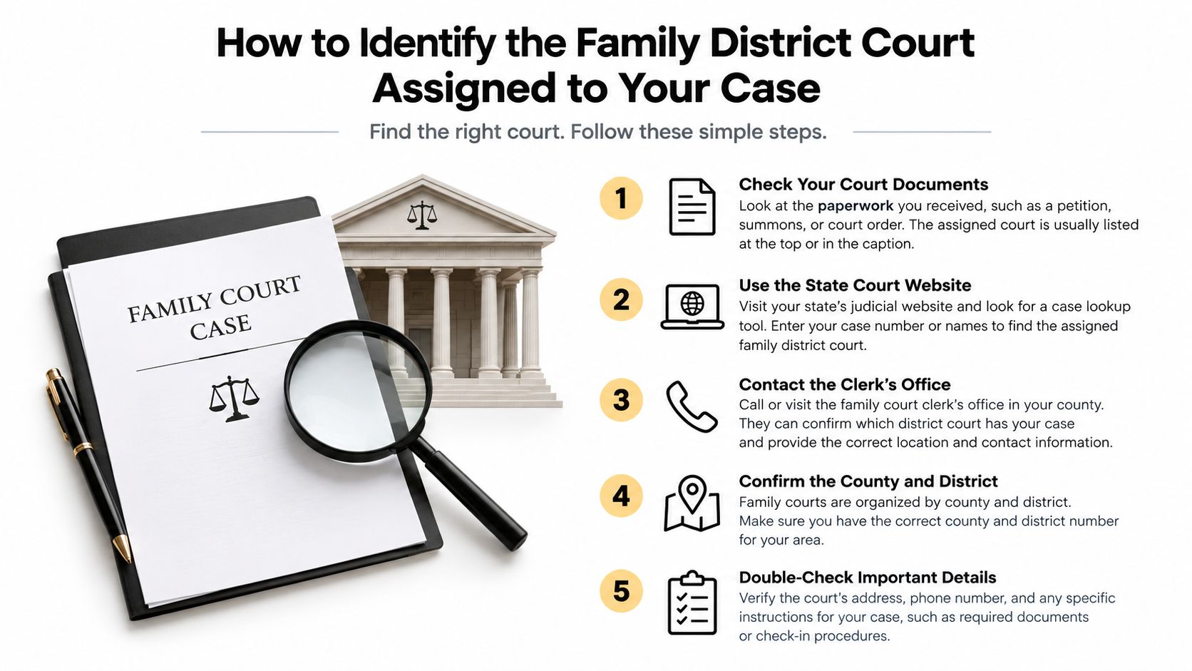 An instructional graphic showing five simple steps to identify the family district court assigned to a legal case.