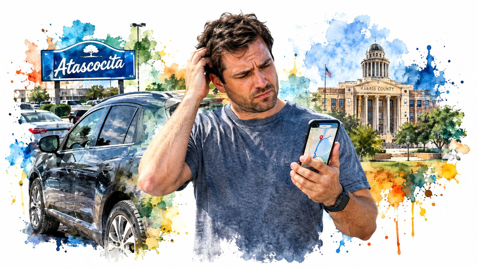 A confused man looking at a navigation app on his smartphone near a sign for Atascocita.