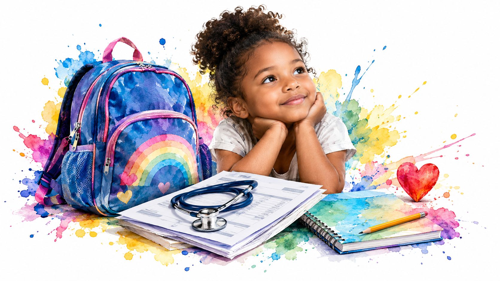 A young girl dreaming with a school backpack, medical forms, a stethoscope, and a heart nearby.