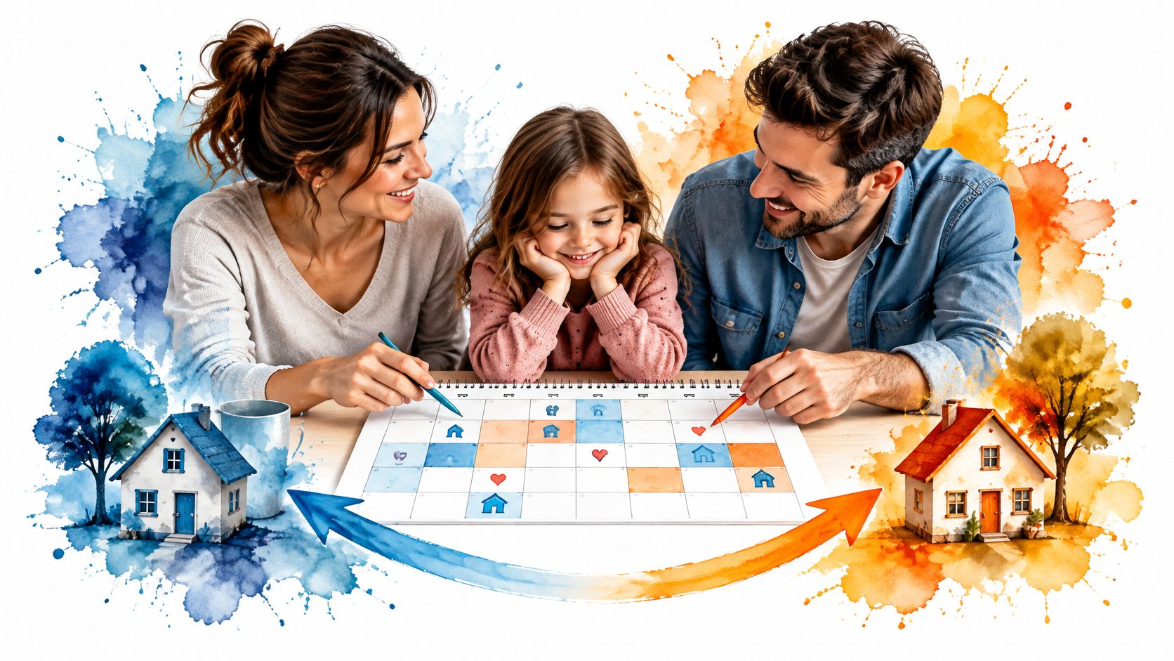 A happy family coloring a calendar together with watercolor house illustrations, symbolizing home planning or child support.