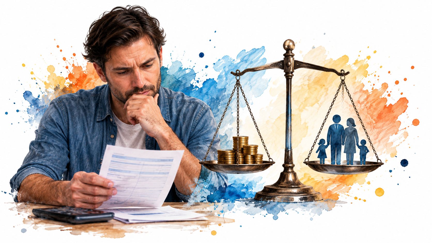A concerned man reviewing financial documents, reflecting on the balance between money and child support responsibilities.