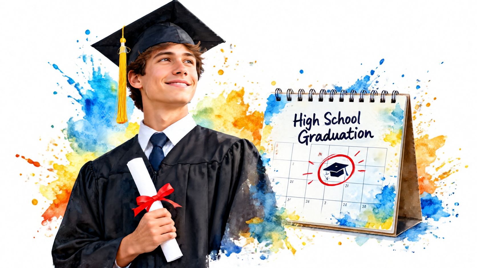 A happy high school graduate in a cap and gown holding a diploma next to a calendar.