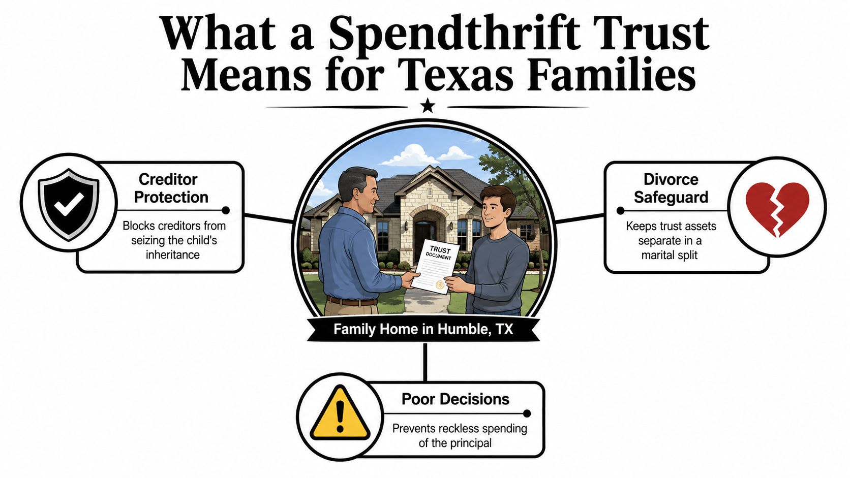 An infographic showing the benefits of a spendthrift trust for Texas families, including asset protection features.