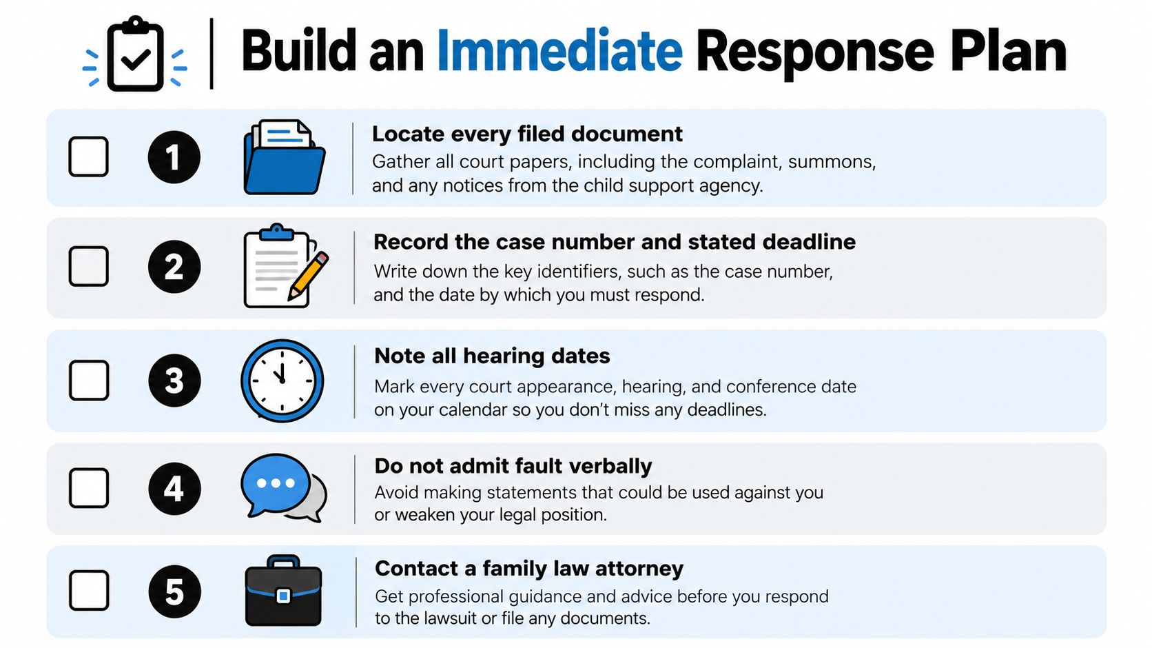A five-step checklist for building an immediate response plan when being sued for child support.