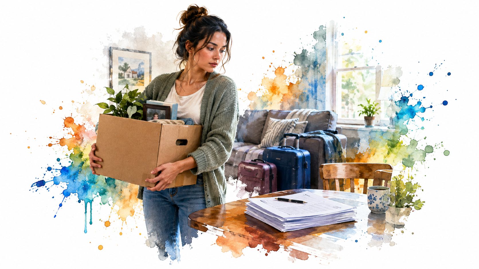 A woman holding a cardboard box of personal belongings, signifying moving or transferring residence.