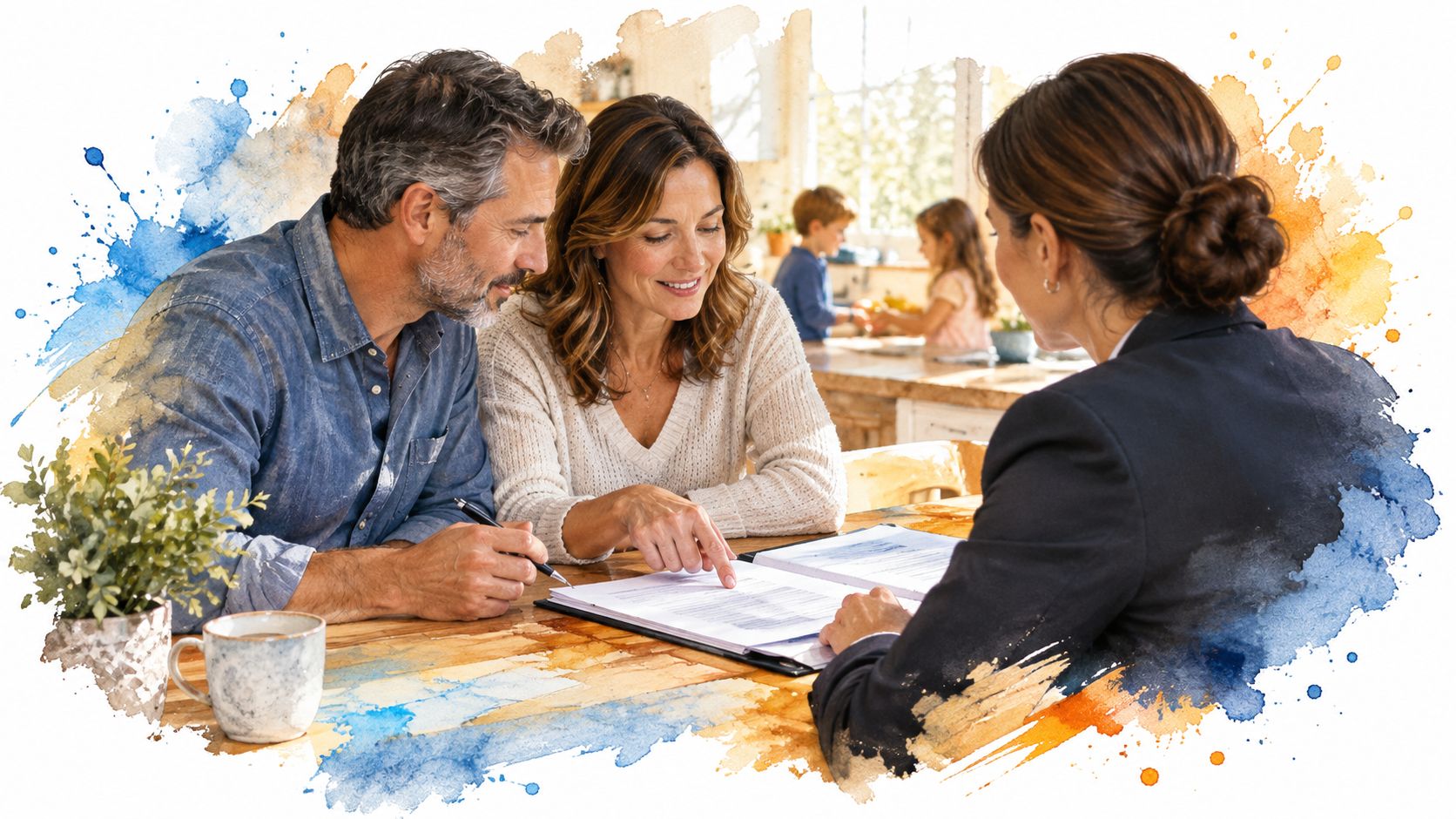 A professional financial advisor meeting with a couple to review important legal documents at home.