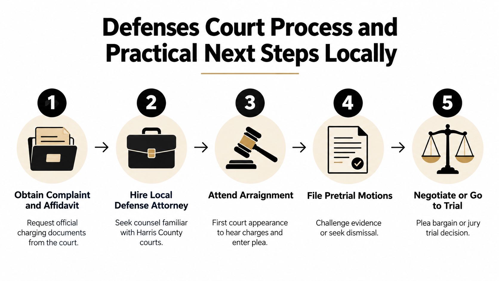 A flowchart showing five steps for navigating the legal court process in Harris County, Texas.