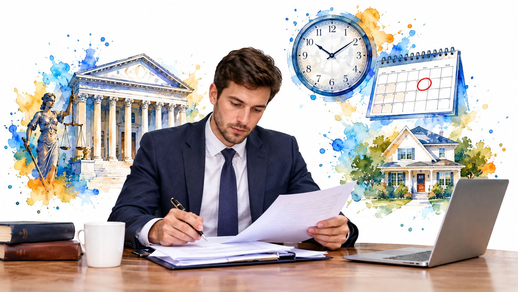 A professional man in a suit reviewing legal documents at a desk with imagery of law, time, and housing.