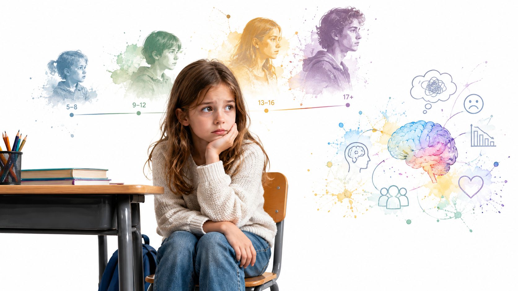A pensive young girl sits at a desk with conceptual illustrations representing child development and mental health.